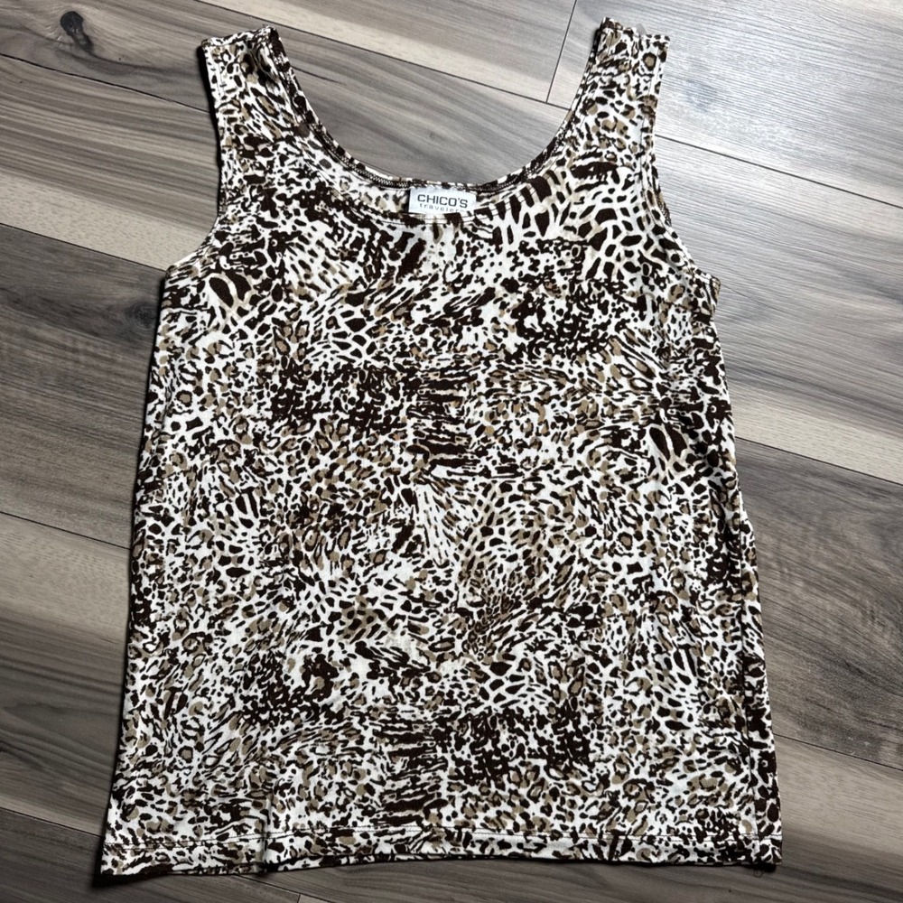 Chicos Travelers Animal Print Tank Top Brown Cream Sleeveless Scoop Neck Size 2